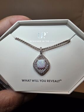 Opal Teardrop Halo Necklace in White Opal and Silver